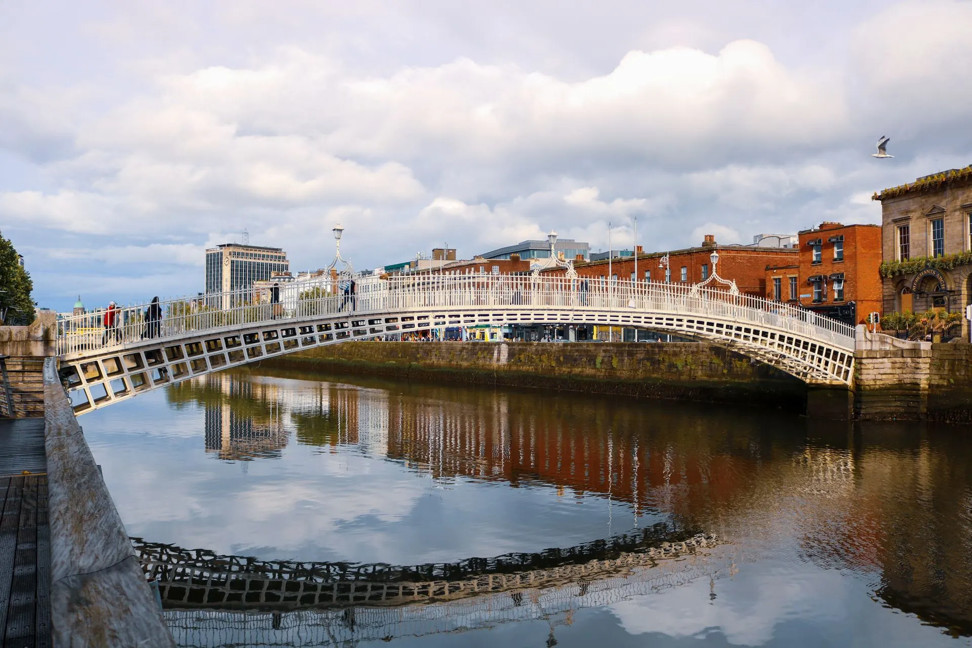 The Ha'penny Bridge over the River Liffey in Dublin, reflected in the water.