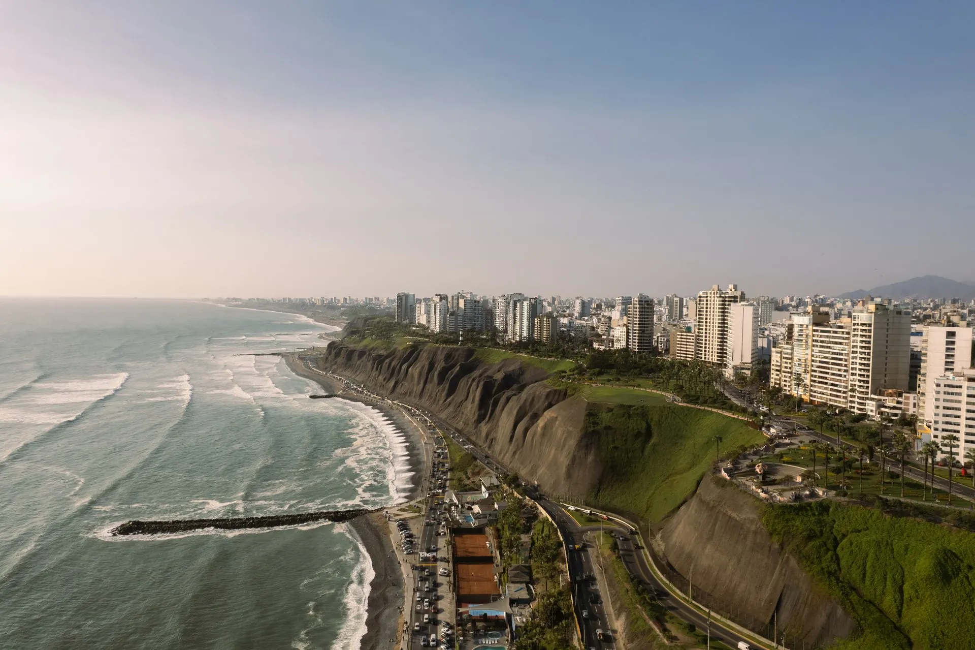 The cliffs and beaches of the Costa Verde in Lima, with Miraflores on the headland.