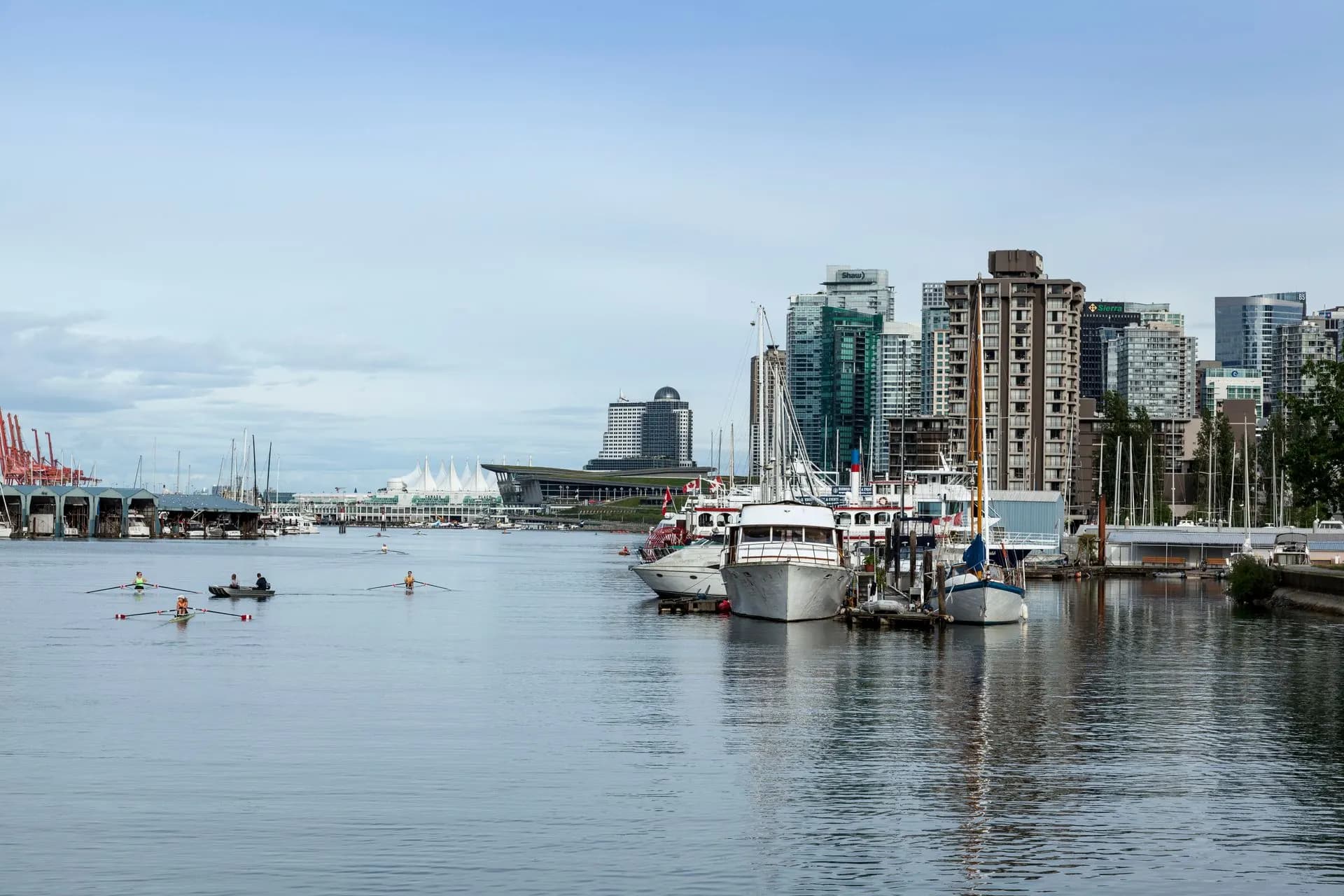 Vancouver's Coal Harbour with rowers on the water, moored boats and the downtown towers behind.